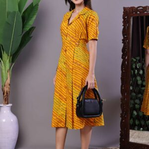 Women's Yellow Printed Cotton Shirt Dress