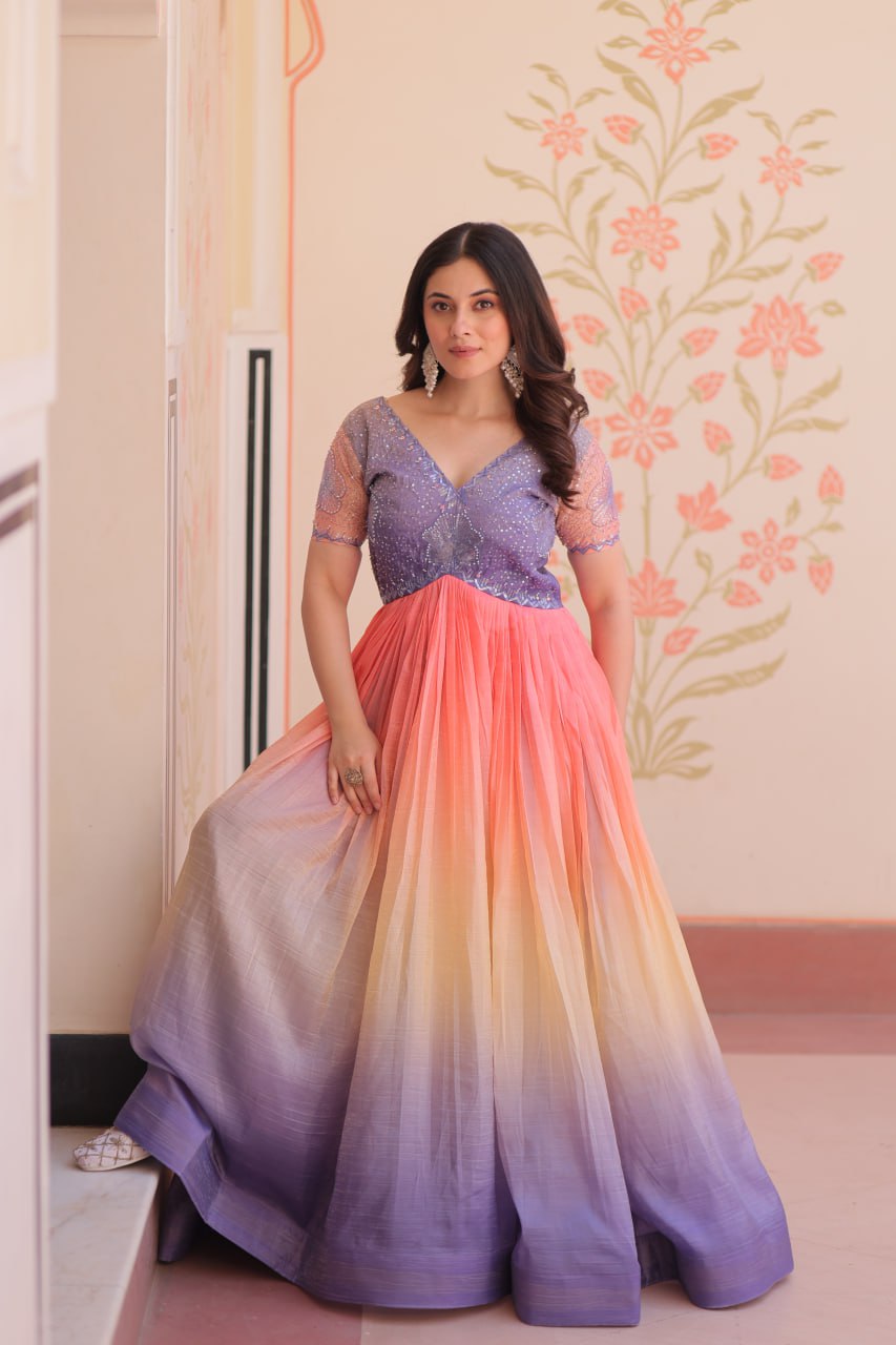 Women's Dual-Tone Ombre Gown in Candy Pink & Aqua Green with Embroidered Bodice – Festive & Contemporary Wear - Image 10